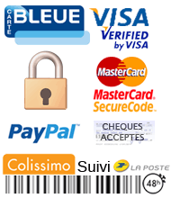 Nous acceptons la carte bleue CB, Visa, Mastercard. Authentification forte par Verified By Visa - MasterCard, paiement par chèque et virement bancaire. Paypal. Livraison par La Poste en Colissimo Suivi.